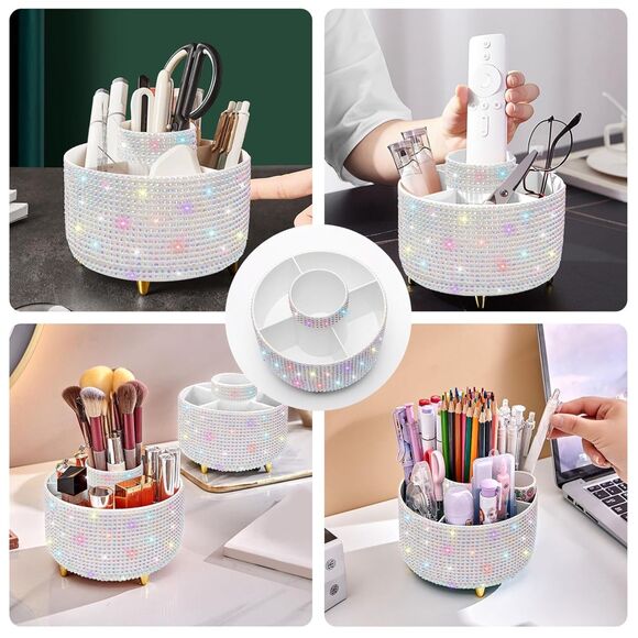 Diesisa 5Slot Makeup Brush Diamond White Cup 360° Rotating Makeup Brush Holder - Picture 2 of 5